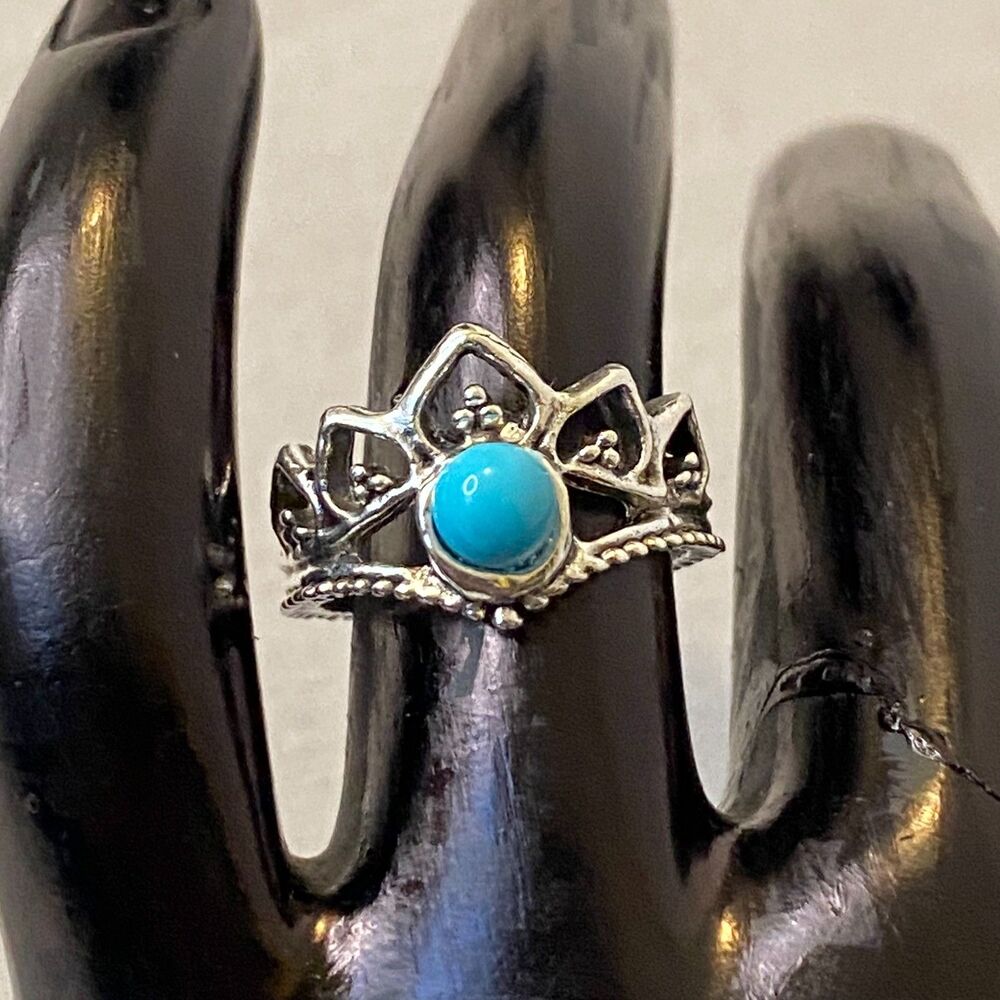 💎Silver Tone Aqua Stone Crown Pattern Southwestern Ring Vintage Boho